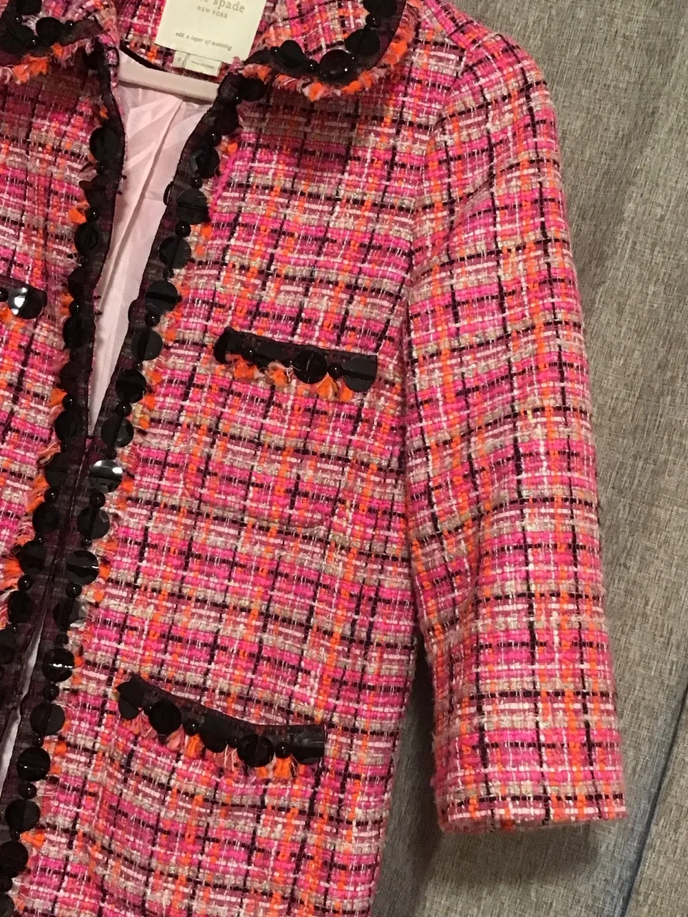 kate spade Pink Multi Tweed Pea Coat with Black Trim
